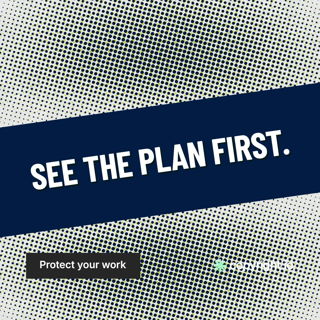 Instagram post for copyright.io: "See the plan first." Retro print style, diagonal layout, light palette in grey, blue.