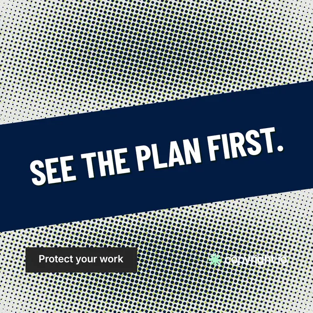 Instagram post for copyright.io: "See the plan first." Retro print style, diagonal layout, light palette in grey, blue.