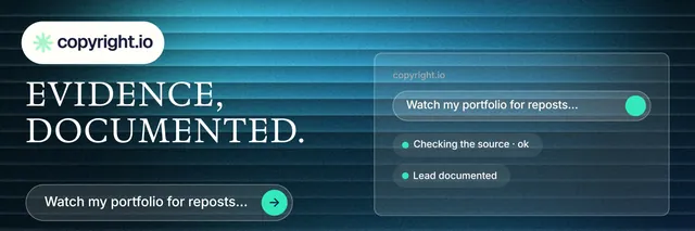 X header for copyright.io: "Evidence, documented." Agentic glass style, bottom layout, dark palette in blue, teal, black.