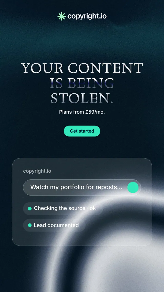 Instagram story for copyright.io: "Your content is being stolen." Y2K style, centred layout, dark palette in blue, black, grey.