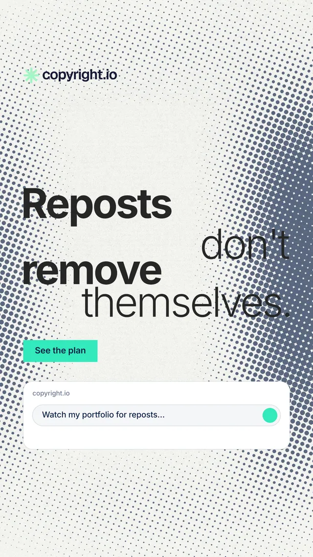Instagram story for copyright.io: "Reposts don't remove themselves." Swiss style, stacked layout, light palette in white, grey.