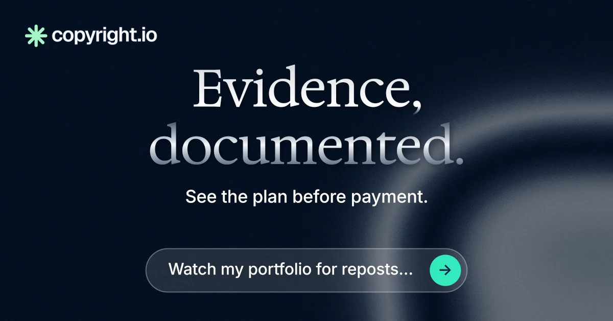 Social ad for copyright.io: "Evidence, documented." Agentic glass style, centred layout, dark palette in black, grey, blue.