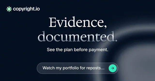 Social ad for copyright.io: "Evidence, documented." Agentic glass style, centred layout, dark palette in black, grey, blue.