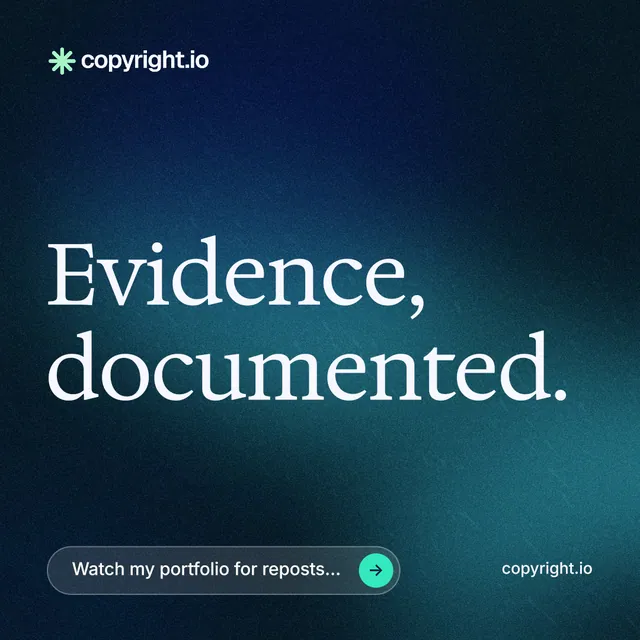 Instagram post for copyright.io: "Evidence, documented." Agentic glass style, poster layout, dark palette in black, blue, teal.
