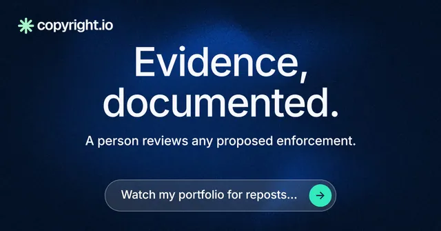 Social ad for copyright.io: "Evidence, documented." Agentic glass style, centred layout, dark palette in blue, black.