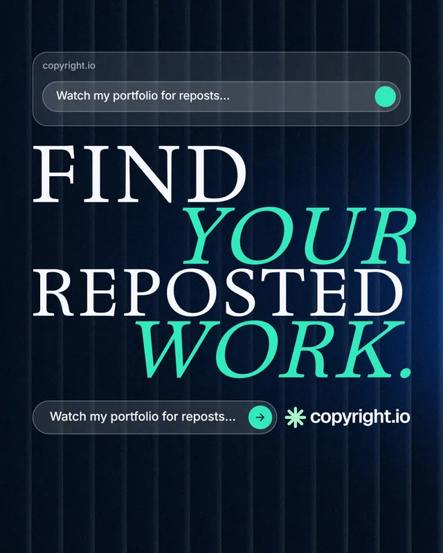Instagram portrait post for copyright.io: "Find your reposted work." Agentic glass style, stacked layout, dark palette in black, blue, teal.
