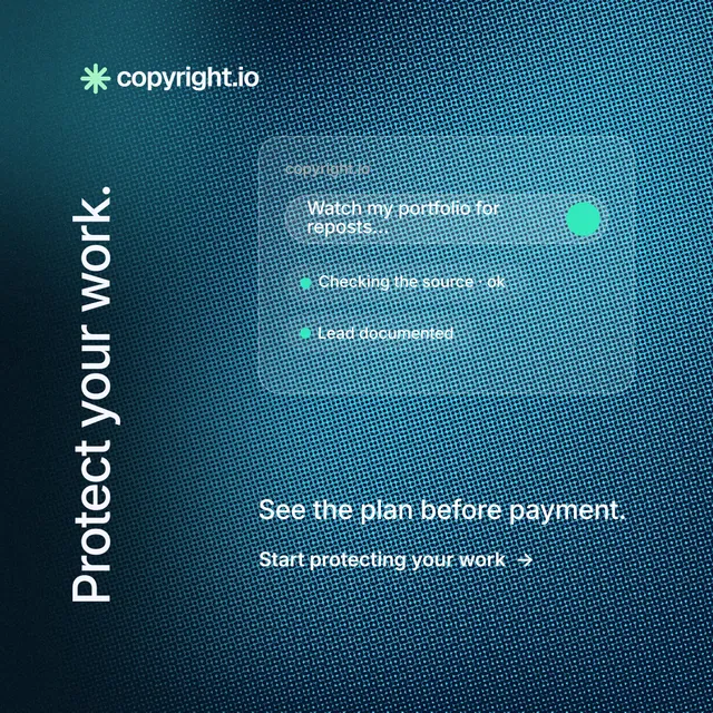 Instagram post for copyright.io: "Protect your work." Minimal luxury style, vertical layout, dark palette in blue, teal.