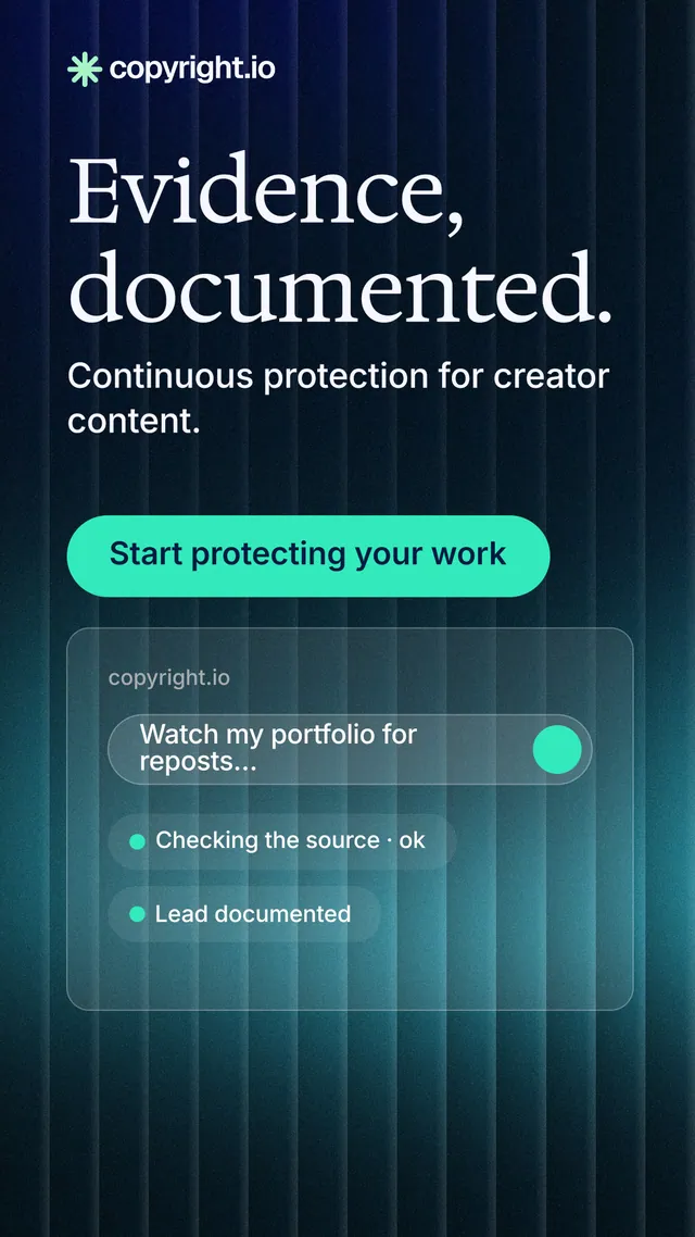 Instagram story for copyright.io: "Evidence, documented." Agentic glass style, skeleton layout, dark palette in teal, black, blue.