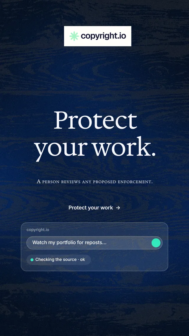 Instagram story for copyright.io: "Protect your work." Minimal luxury style, smallcaps layout, dark palette in blue, black.