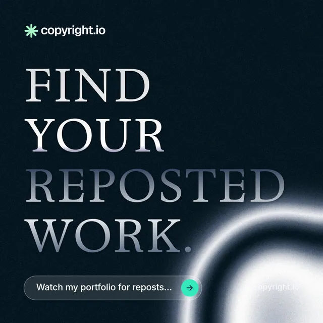 Instagram post for copyright.io: "Find your reposted work." Agentic glass style, poster layout, dark palette in black, blue, grey.