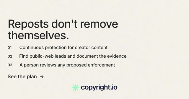 Social ad for copyright.io: "Reposts don't remove themselves." Minimal luxury style, numbered layout, light palette in white, grey.