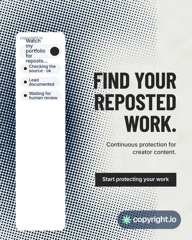 Instagram portrait post for copyright.io: "Find your reposted work." Retro print style, right layout, light palette in grey, white.