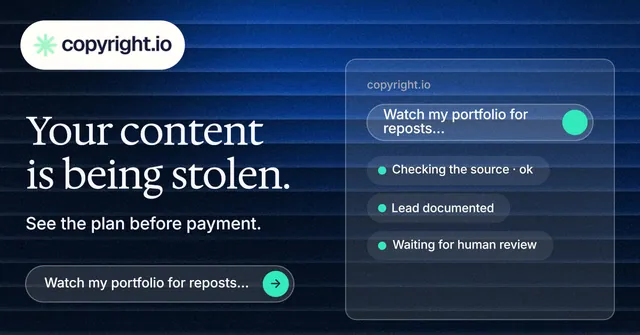 Social ad for copyright.io: "Your content is being stolen." Agentic glass style, bottom layout, dark palette in black, blue, grey.