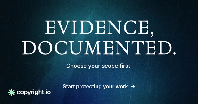 Social ad for copyright.io: "Evidence, documented." Minimal luxury style, centred layout, dark palette in black, blue, grey.