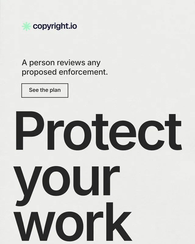 Instagram portrait post for copyright.io: "Protect your work." Editorial style, oversized layout, light palette in white, grey.