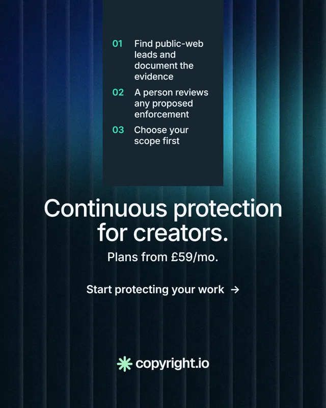 Instagram portrait post for copyright.io: "Continuous protection for creators." Minimal luxury style, skeleton layout, dark palette in blue, black.