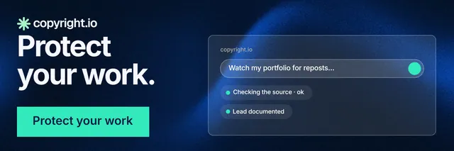 X header for copyright.io: "Protect your work." Swiss style, skeleton layout, dark palette in blue, black, teal.