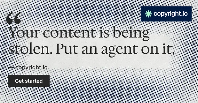 Social ad for copyright.io: "Protect your work." Retro print style, quote layout, light palette in grey, white.
