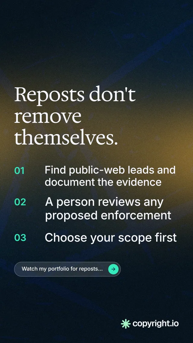 Instagram story for copyright.io: "Reposts don't remove themselves." Agentic glass style, numbered layout, dark palette in black, yellow, grey.