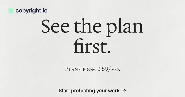 Social ad for copyright.io: "See the plan first." Minimal luxury style, smallcaps layout, light palette in white, grey.