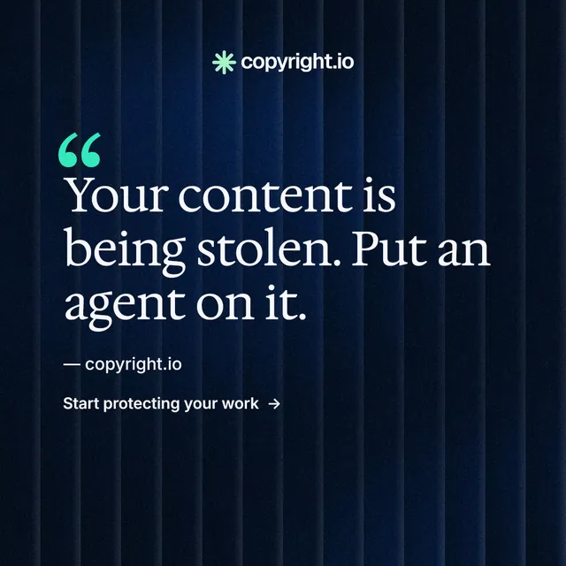 Instagram post for copyright.io: "Your content is being stolen." Minimal luxury style, quote layout, dark palette in black, blue.