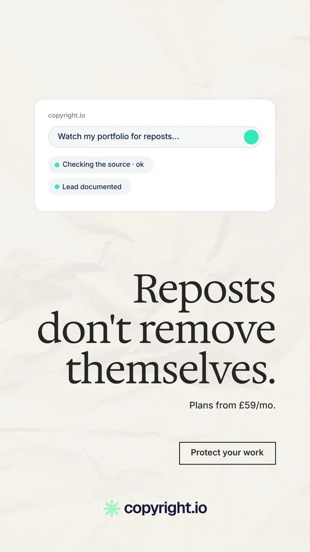 Instagram story for copyright.io: "Reposts don't remove themselves." Editorial style, right layout, light palette in white, grey.