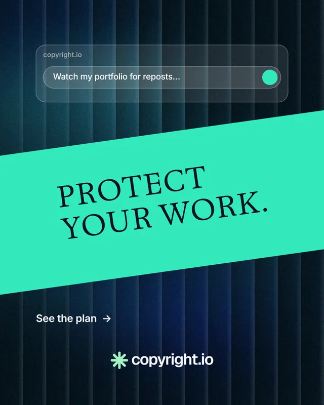 Instagram portrait post for copyright.io: "Protect your work." Minimal luxury style, diagonal layout, dark palette in teal, black, blue.