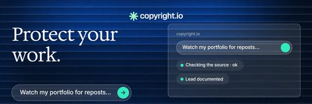 X header for copyright.io: "Protect your work." Agentic glass style, bottom layout, dark palette in blue, black.