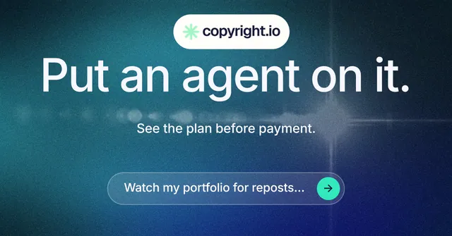 Social ad for copyright.io: "Put an agent on it." Agentic glass style, centred layout, dark palette in blue.