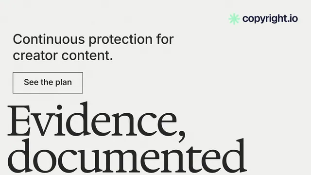 Landscape graphic for copyright.io: "Evidence, documented." Editorial style, oversized layout, light palette in white, grey.