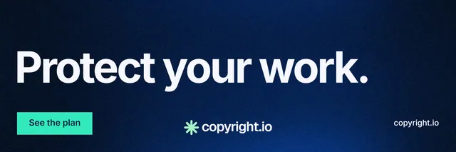 X header for copyright.io: "Protect your work." Swiss style, poster layout, dark palette in blue, black.