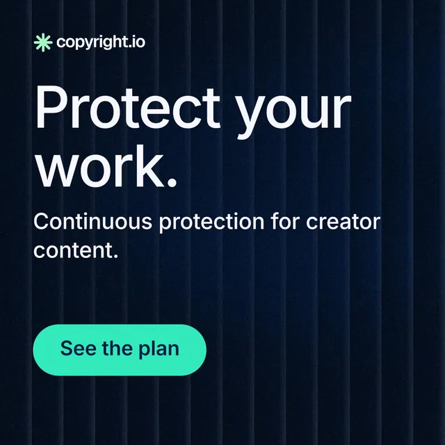 Instagram post for copyright.io: "Protect your work." Agentic glass style, skeleton layout, dark palette in black, teal.