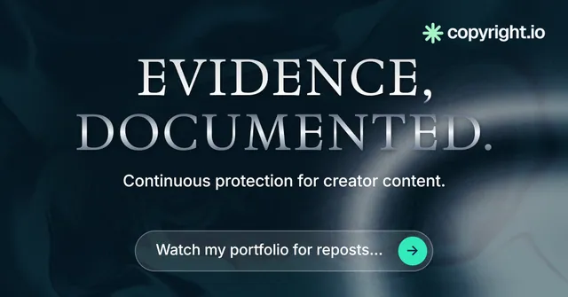 Social ad for copyright.io: "Evidence, documented." Agentic glass style, centred layout, dark palette in black, blue, grey.