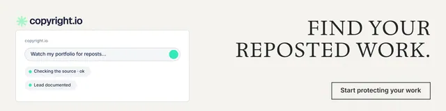 LinkedIn banner for copyright.io: "Find your reposted work." Editorial style, right layout, light palette in white, grey.