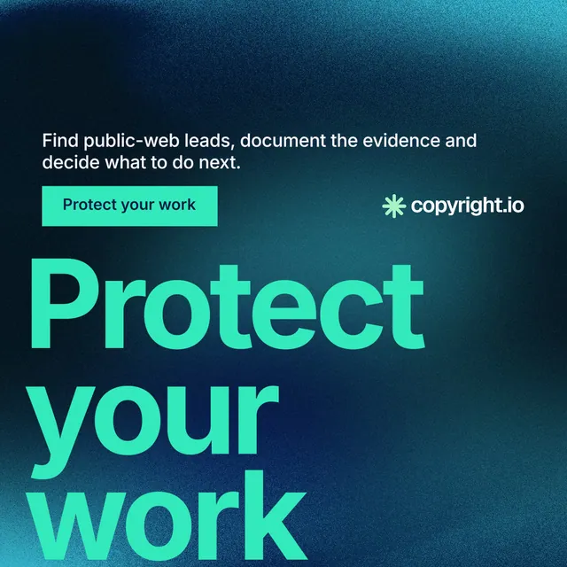 Instagram post for copyright.io: "Put an agent on it." Swiss style, oversized layout, dark palette in blue, black, teal.
