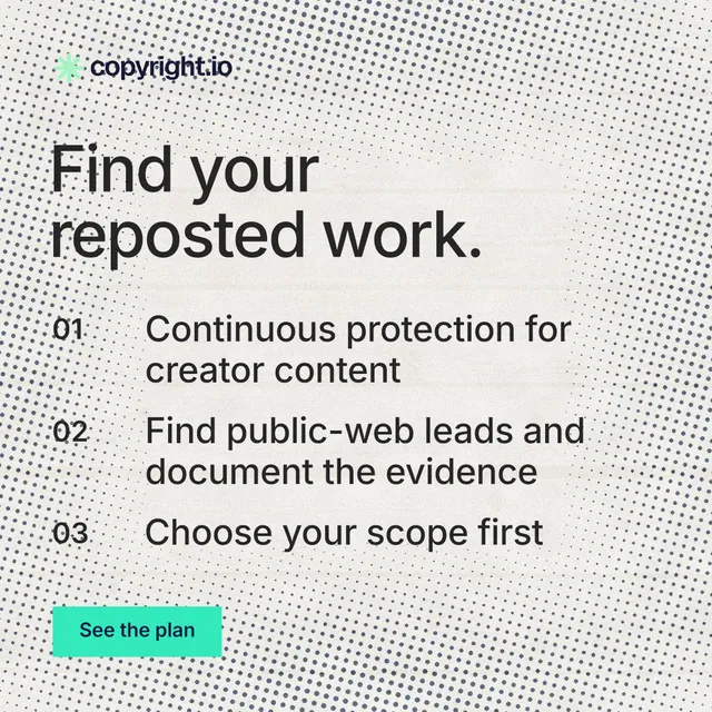 Instagram post for copyright.io: "Find your reposted work." Swiss style, numbered layout, light palette in white, grey.