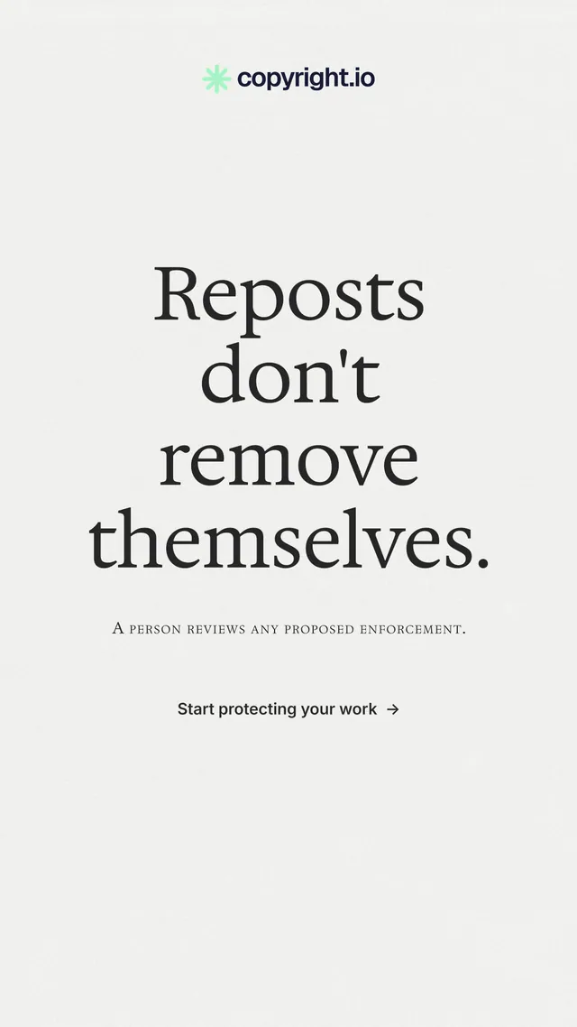 Instagram story for copyright.io: "Reposts don't remove themselves." Minimal luxury style, smallcaps layout, light palette in white, grey.