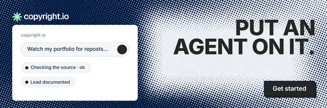 X header for copyright.io: "Put an agent on it." Brutalist style, right layout, light palette in blue, grey, white.