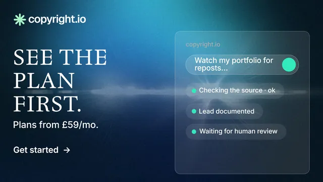 Landscape graphic for copyright.io: "See the plan first." Minimal luxury style, bottom layout, dark palette in black, blue.
