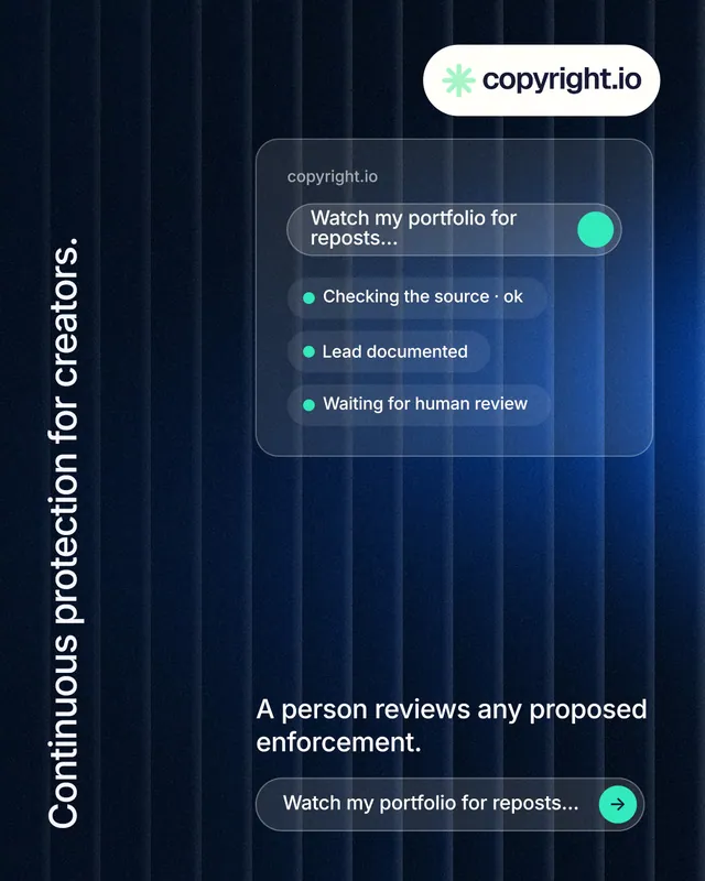 Instagram portrait post for copyright.io: "Continuous protection for creators." Agentic glass style, vertical layout, dark palette in black, blue, grey.