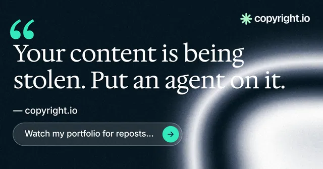 Social ad for copyright.io: "Evidence, documented." Agentic glass style, quote layout, dark palette in black, blue, grey.