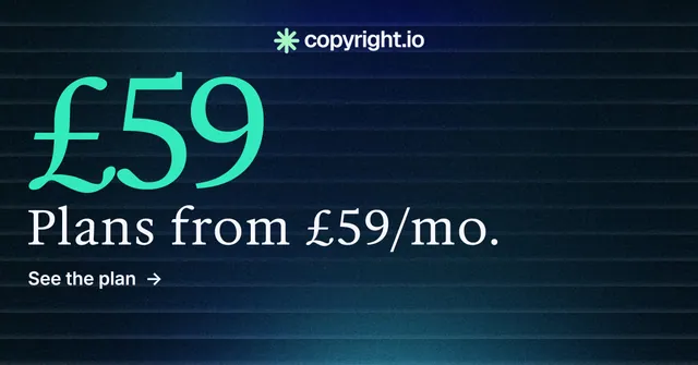 Social ad for copyright.io: "Reposts don't remove themselves." Minimal luxury style, stat layout, dark palette in blue, black, teal.