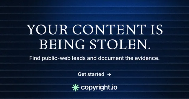 Social ad for copyright.io: "Your content is being stolen." Minimal luxury style, centred layout, dark palette in blue, black.