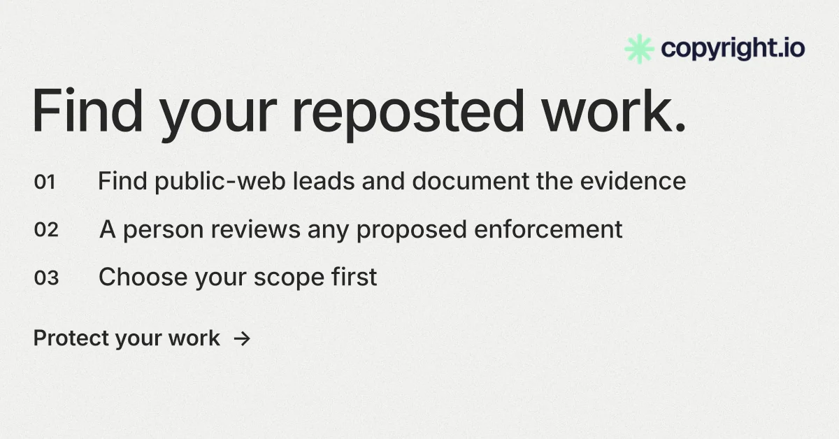 Social ad for copyright.io: "Find your reposted work." Minimal luxury style, numbered layout, light palette in white.