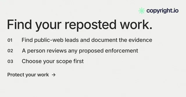 Social ad for copyright.io: "Find your reposted work." Minimal luxury style, numbered layout, light palette in white.