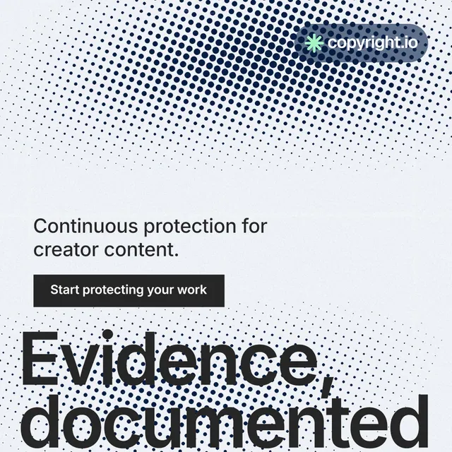 Instagram post for copyright.io: "Evidence, documented." Split block style, oversized layout, light palette in grey, white.