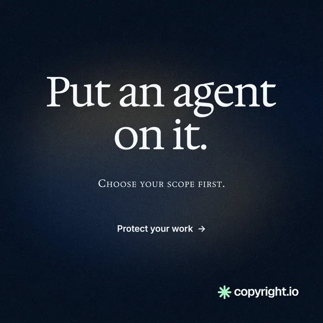 Instagram post for copyright.io: "Put an agent on it." Agentic glass style, smallcaps layout, dark palette in blue, black, grey.
