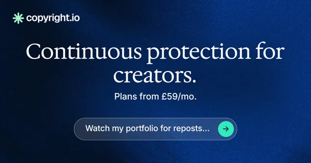 Social ad for copyright.io: "Continuous protection for creators." Agentic glass style, centred layout, dark palette in black, blue.