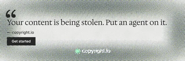 X header for copyright.io: "Put an agent on it." Swiss style, quote layout, light palette in grey, white.