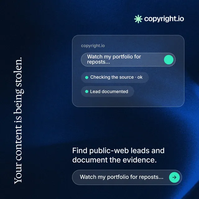 Instagram post for copyright.io: "Your content is being stolen." Agentic glass style, vertical layout, dark palette in black, blue.